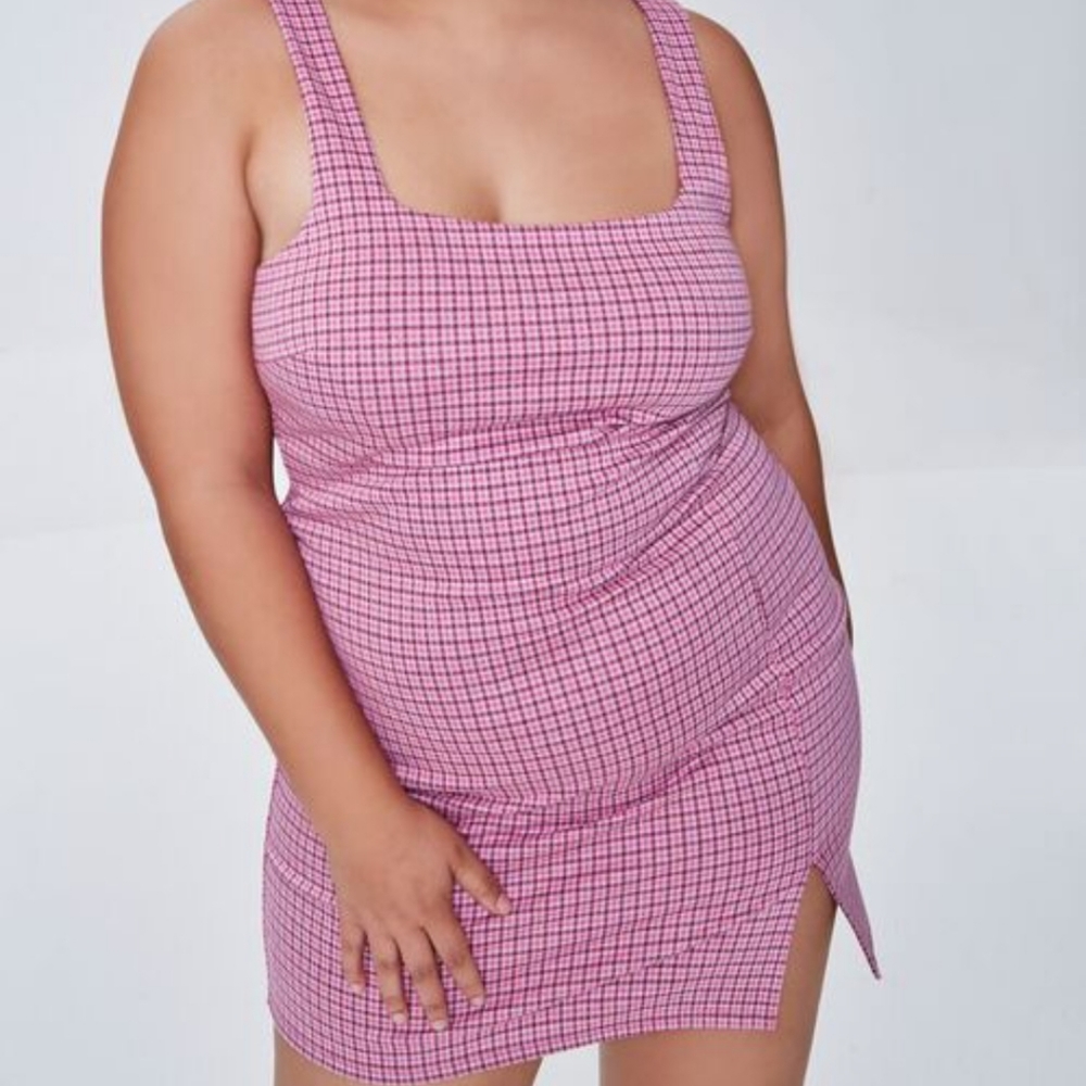 Pink plaid plus size mini dress